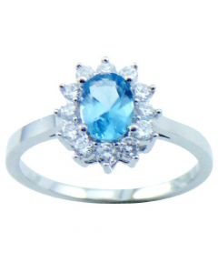18K White Gold Plated Oval Blue Topaz Color CZ Ring