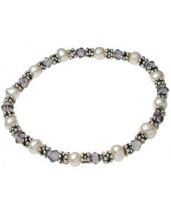 White Pearl & Amethyst  Crystal Silver Spacer Bracelet