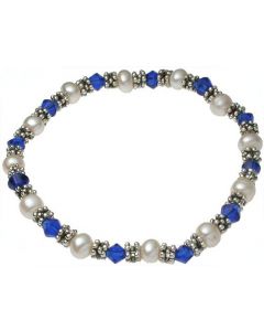 White Pearl & Blue Crystal Silver Spacer Bracelet