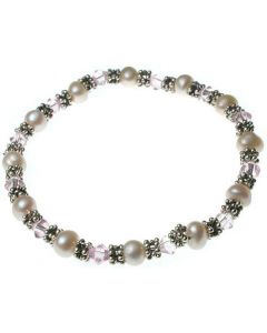 White Pearl & Pink Crystal Silver Spacer Bracelet