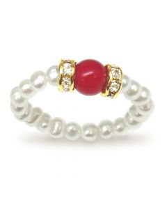 Genuine Pearl and Red Coral Adjustable Ring