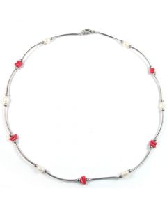 Genuine Pearl  and Coral Silver Necklace