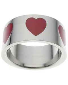 High Polish Steel Poker Red Enamel Heart Ring