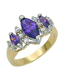 18k 2 Tone Gold 3 Pear Shaped Amethyst CZ Ring w/ accent CZs