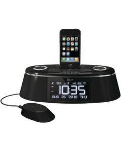 IPHONE®/IPOD® DUAL ALARM CLOCK WITH BED SHAKER & SPEAKER