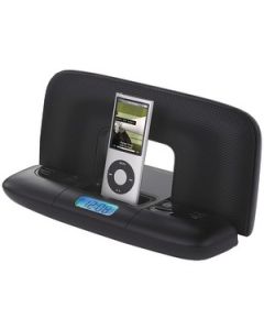IPOD® TRAVEL SPEAKER SYSTEM WITH ALARM CLOCK (BLACK)