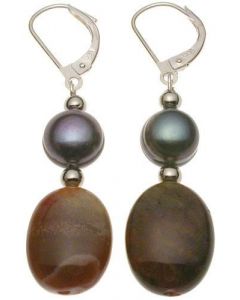Genuine India Agate Black Baroque Pearl Earrings
