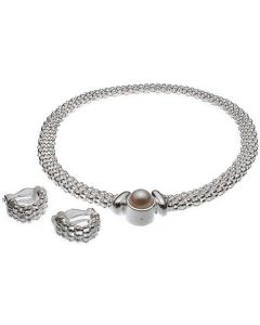 silver mesh necklace and earrings with pearl