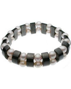 White Pearls and Black Pillow Goethite Bracelet