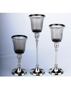 6972 Black Diamond Jeweled Metal and Glass Candle Holder Trio